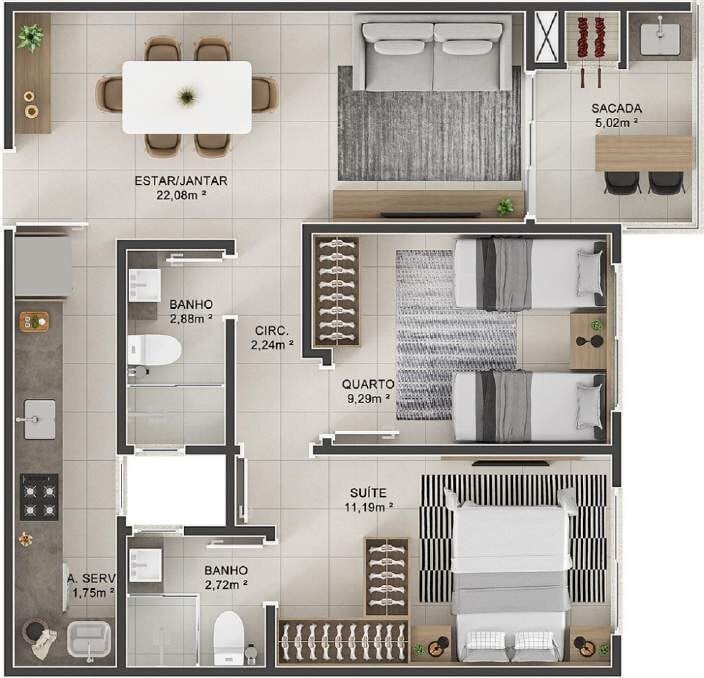 Planta 06 - 2 dorm 65 58m