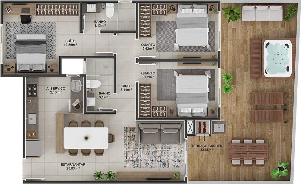 Planta 01 - 3 dorm 112 92m - garden