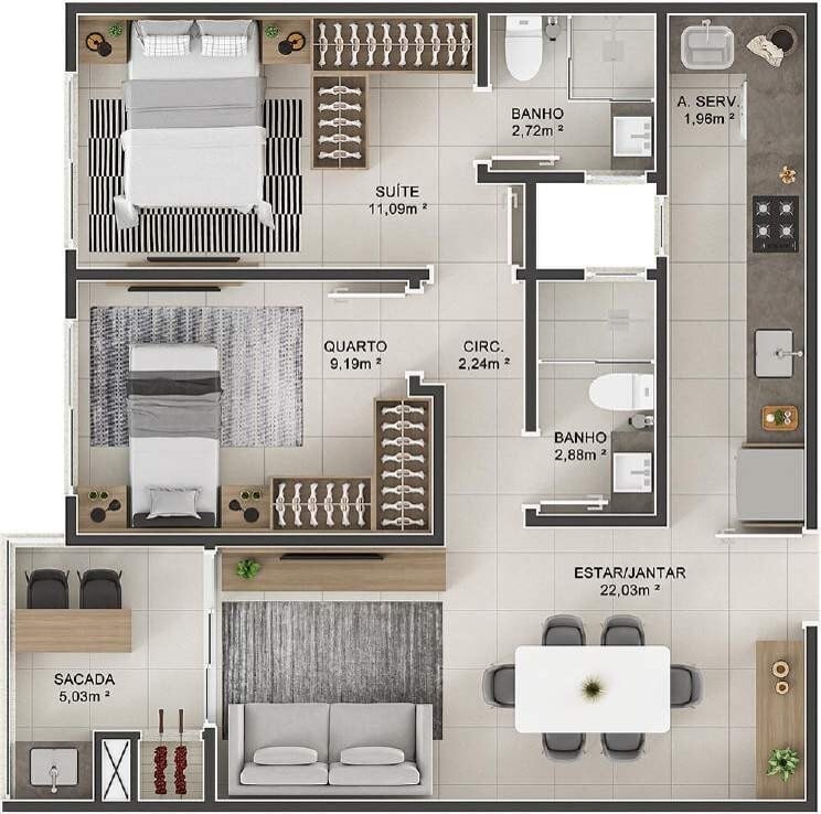 Planta 14 - 2 dorm 65 17m