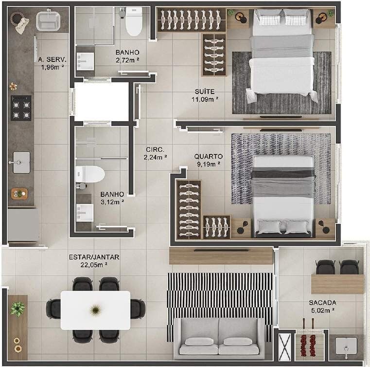 Planta 04 - 2 dorm 65 45m