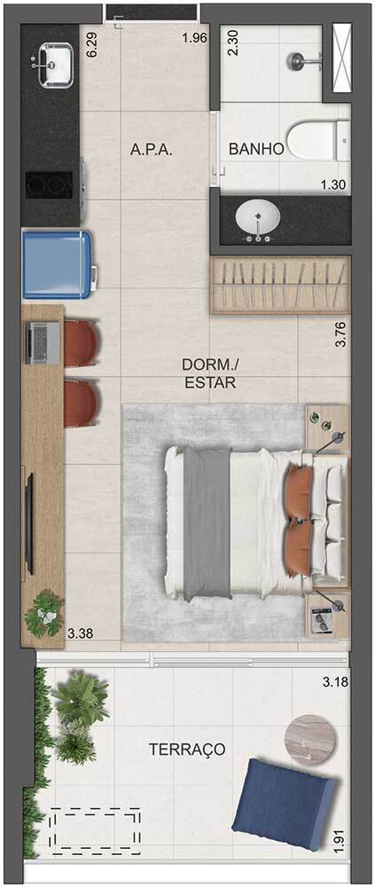 Planta 02 - 1 dorm 32m - studio