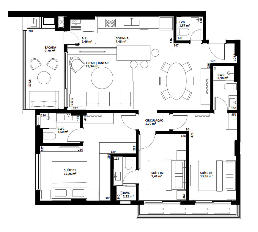 Planta 02 - 3 dorm 117m