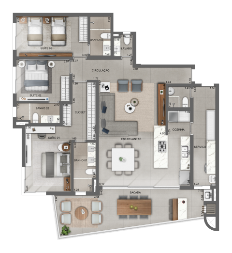 Planta 01 - 3 dorm 165 98m