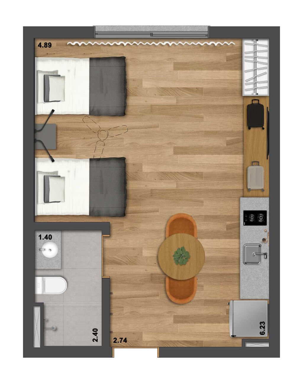 Planta 01 - 1 dorm 34,98m - studio