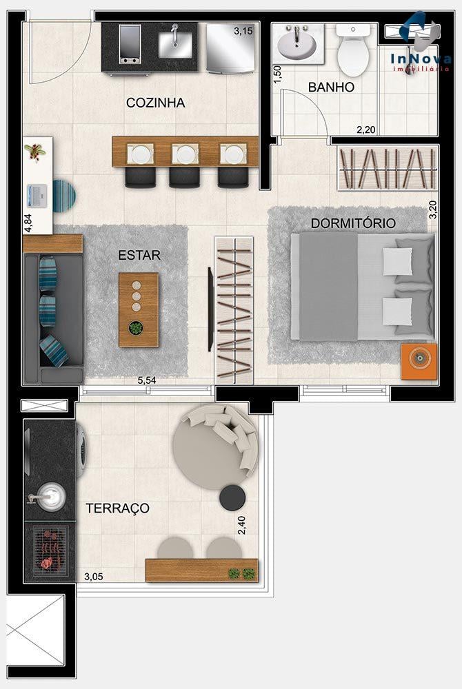 Planta 02 - 1 dorm 38m - studio