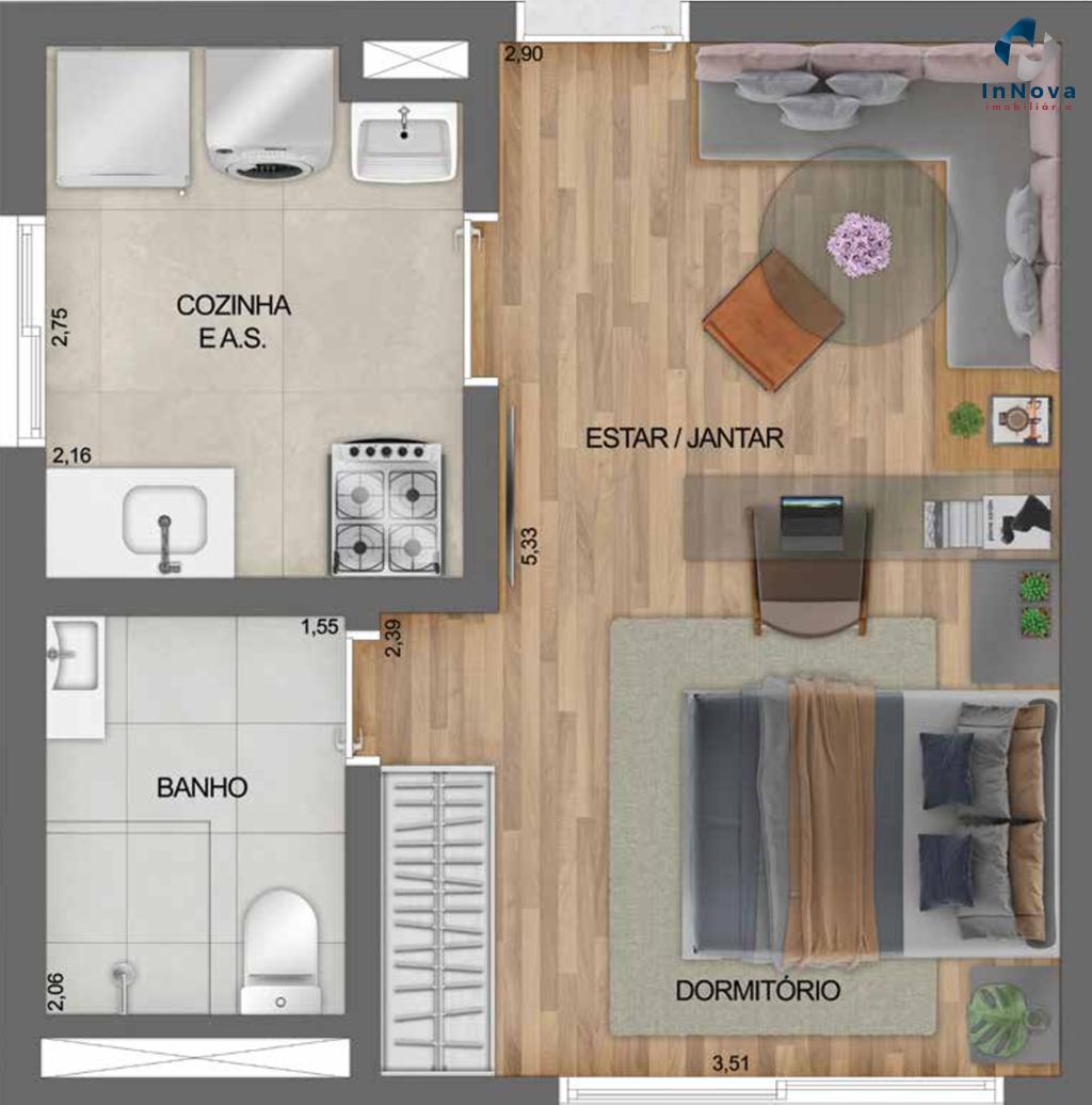 Planta 02 - 1 dorm 32m - studio