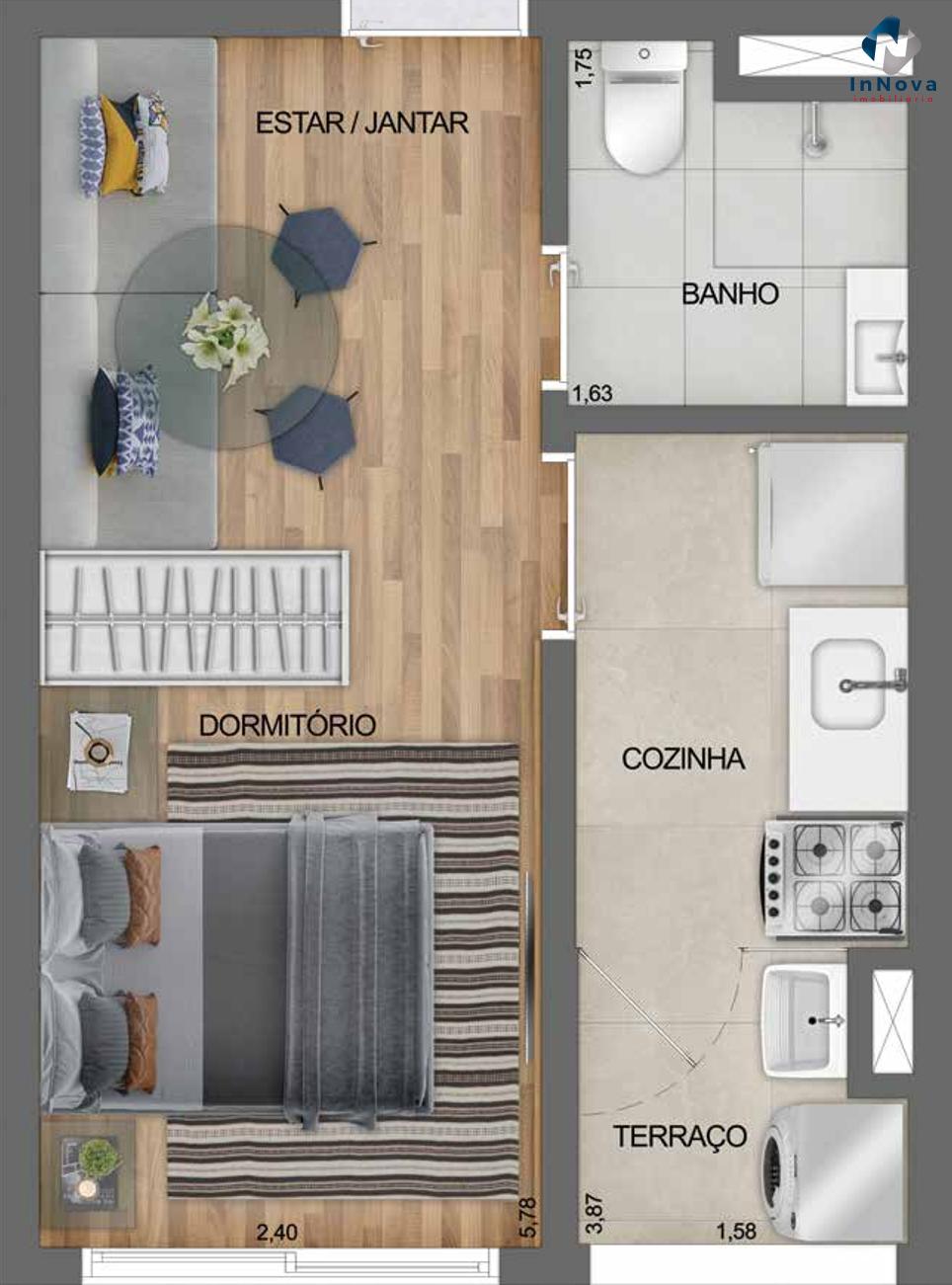 Planta 01 - 1 dorm 27m - studio