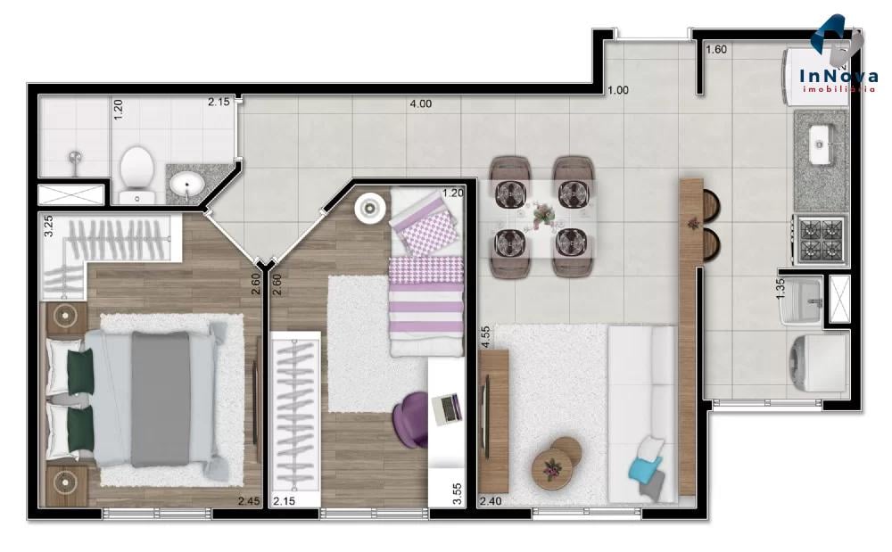 Planta 01 - 2 dorm 43,77m