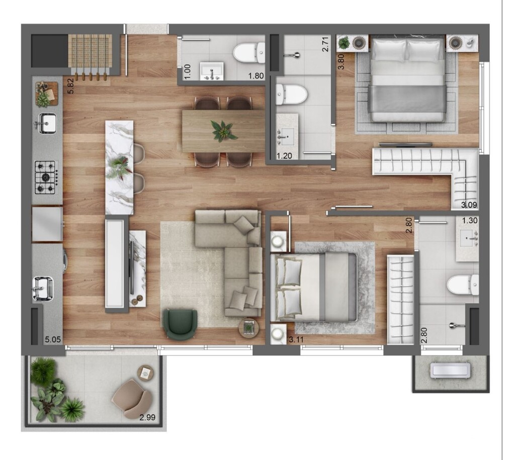 Planta 01 - 2 dorm 75 91m