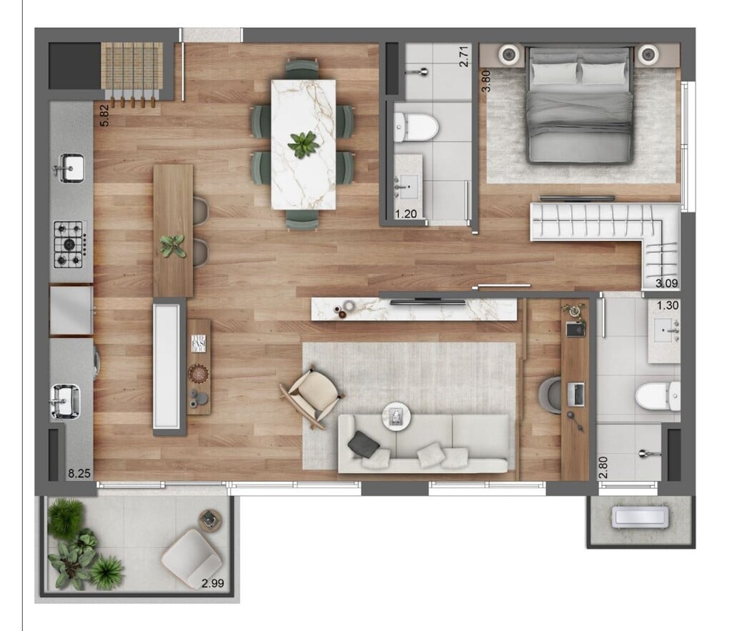 Planta 02 - 1 dorm 75 91m - opo