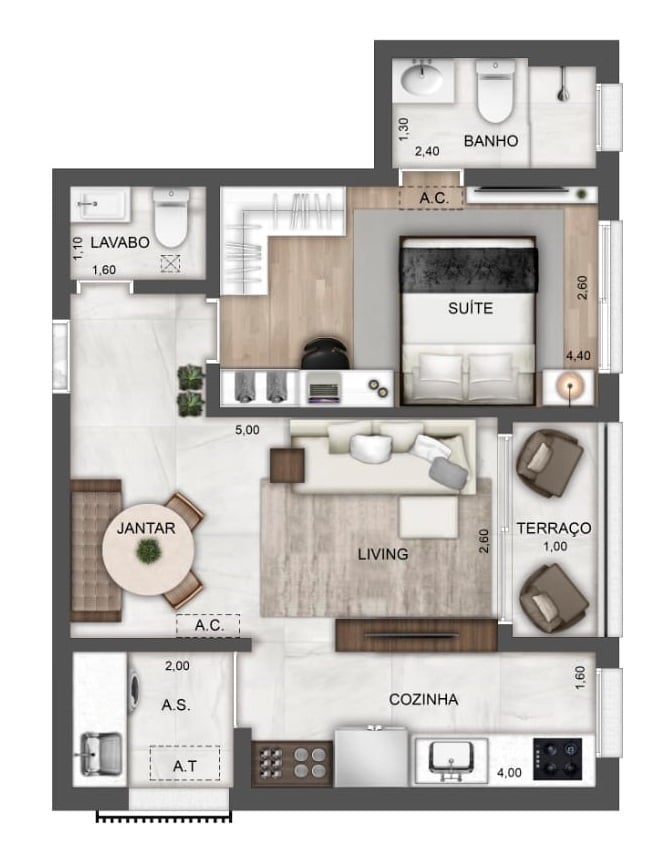 Planta 01 - 1 dorm 53m