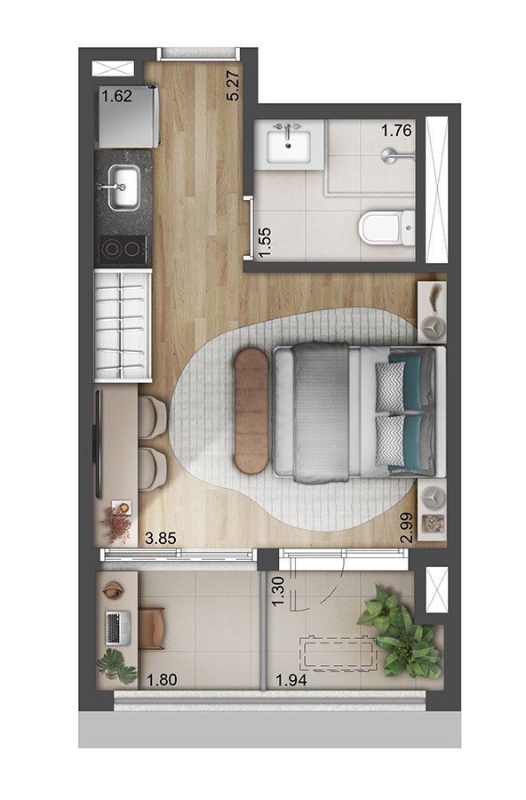 Planta 01 - 1 dorm 27m - studio