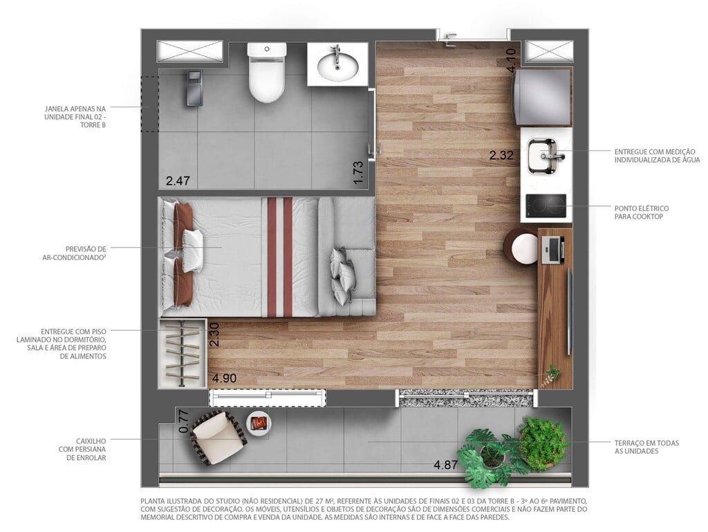 Planta 01 - 1 dorm 27m - studio