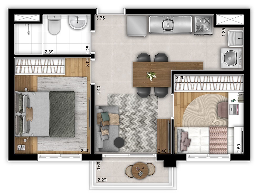 Planta 01 - 2 dorm 38m