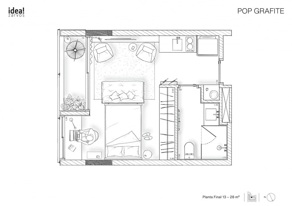 Planta 01 - 1 dorm 28m - studio