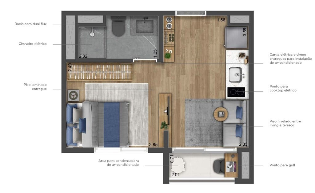 Planta 01 - 1 dorm 24m - studio