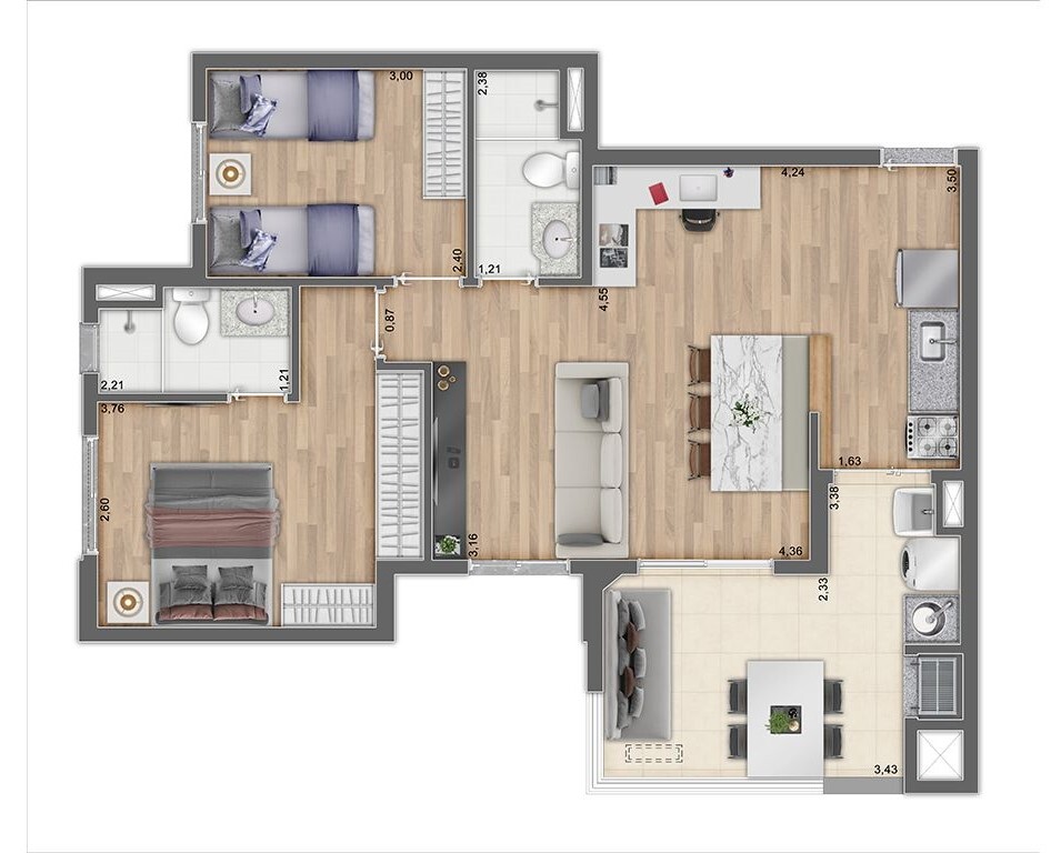 Planta 08 - 2 dorm 66,81m - opo