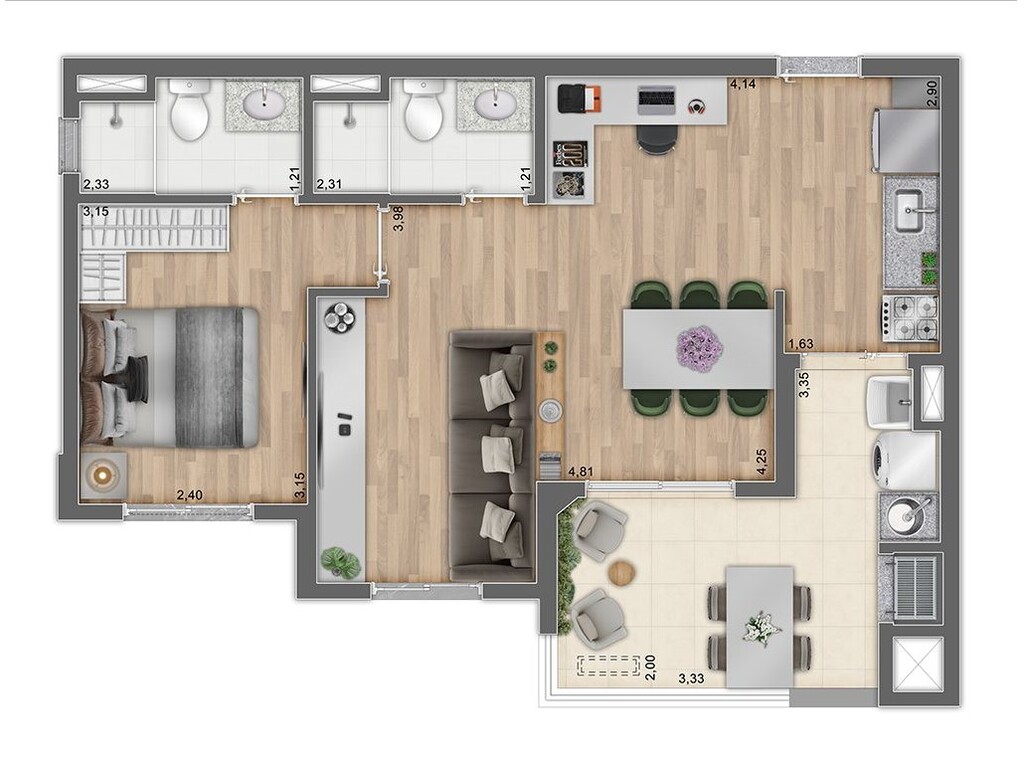 Planta 04 - 1 dorm 54,53m - opo