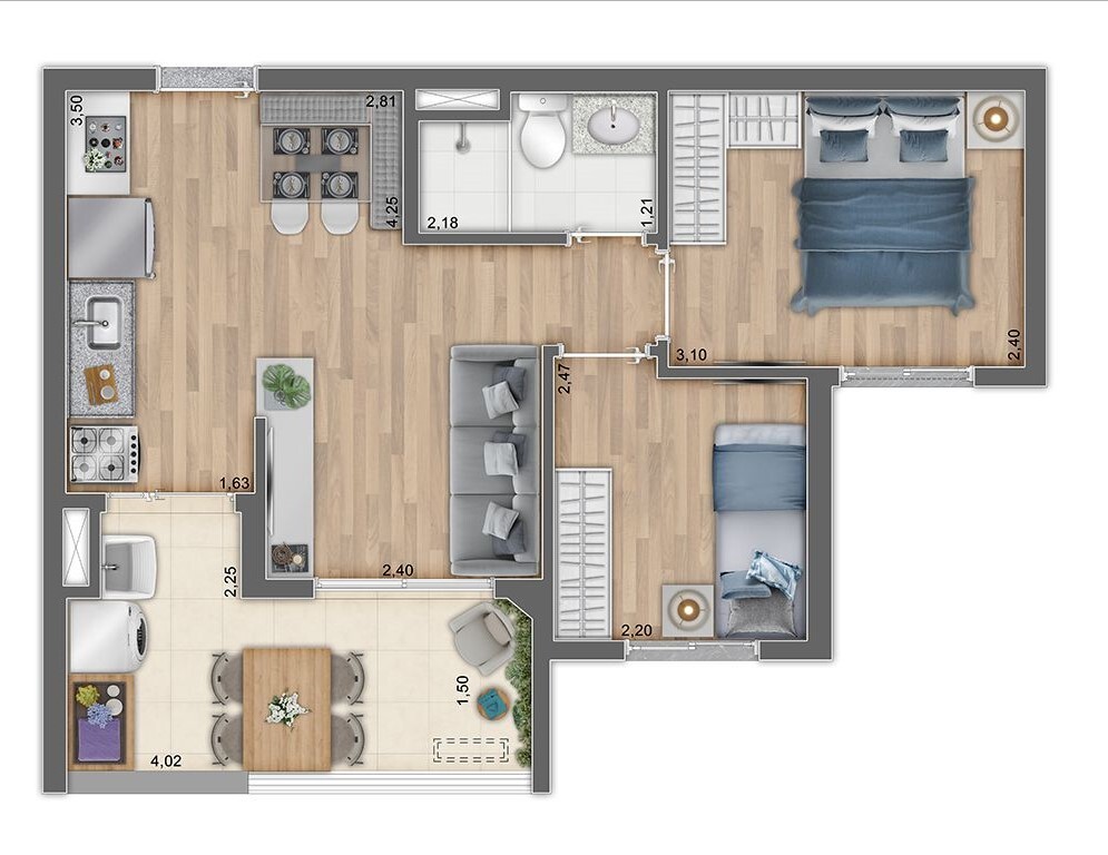 Planta 01 - 2 dorm 44,55m