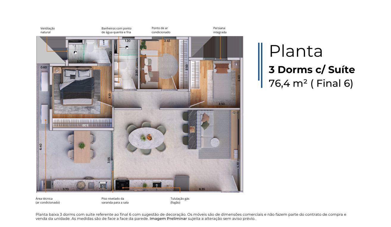 Planta 3 Dorms com Sute 76m