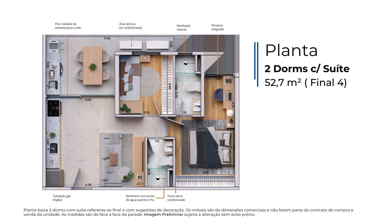 Planta 2 Dorms com Sute 52m