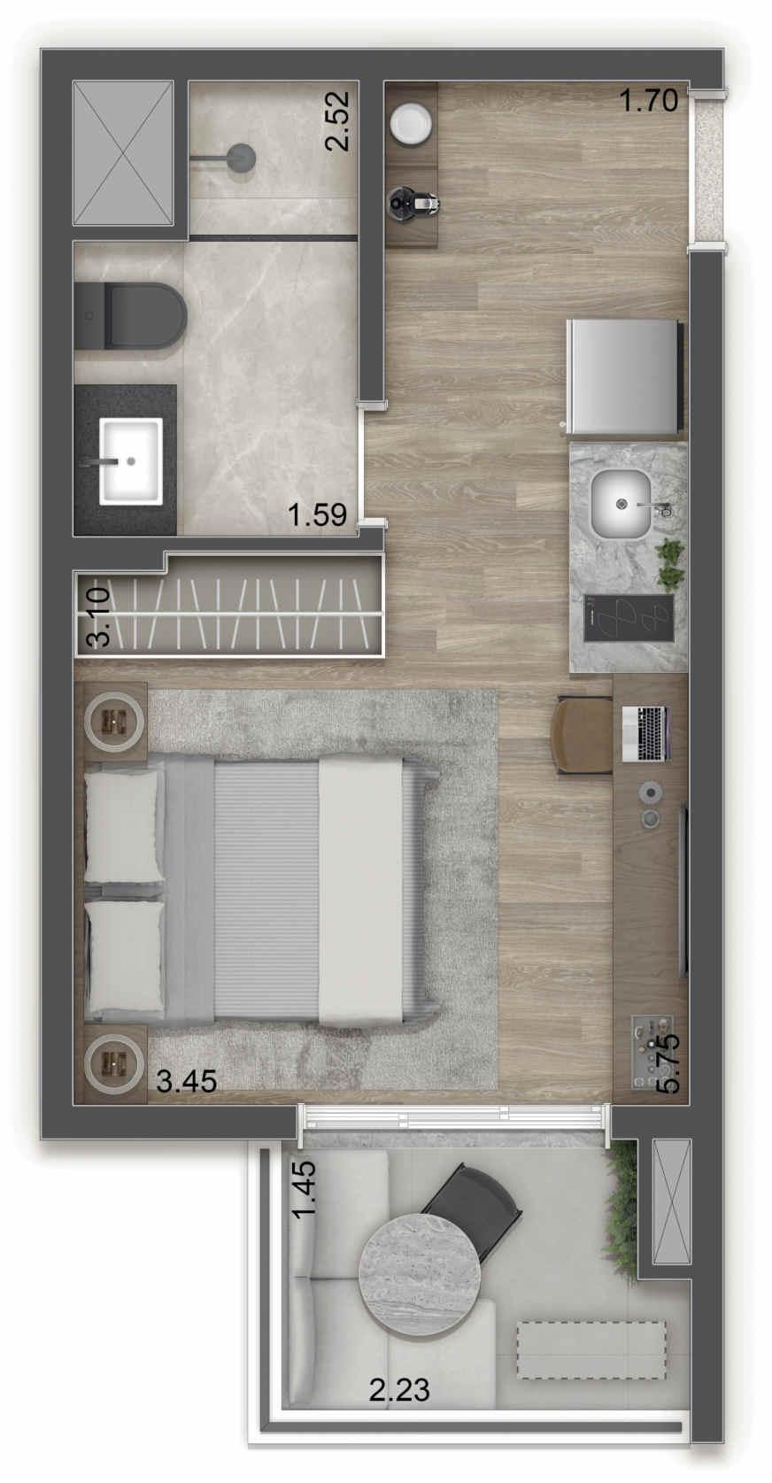 Planta 02 - 1 dorm 27m - studio