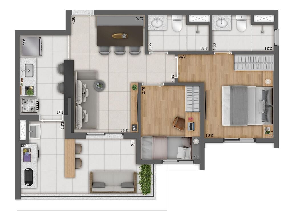 Planta 01 - 2 dorm 58m