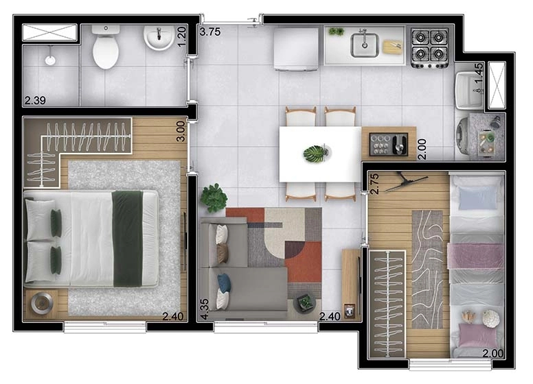 Planta 01 - 2 dorm 33,98m