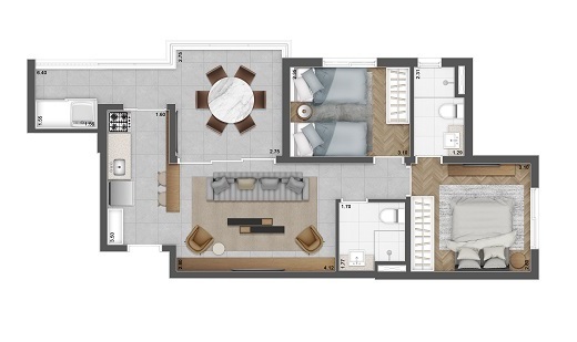 Planta 02 - 2 dorm 63 60m