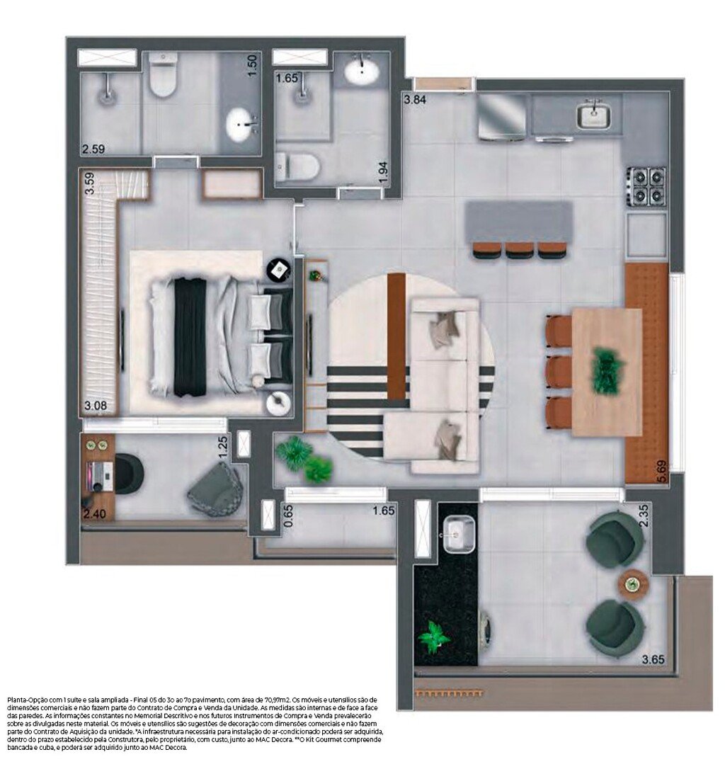 Planta 02 - 1 dorm 70,97m - opo