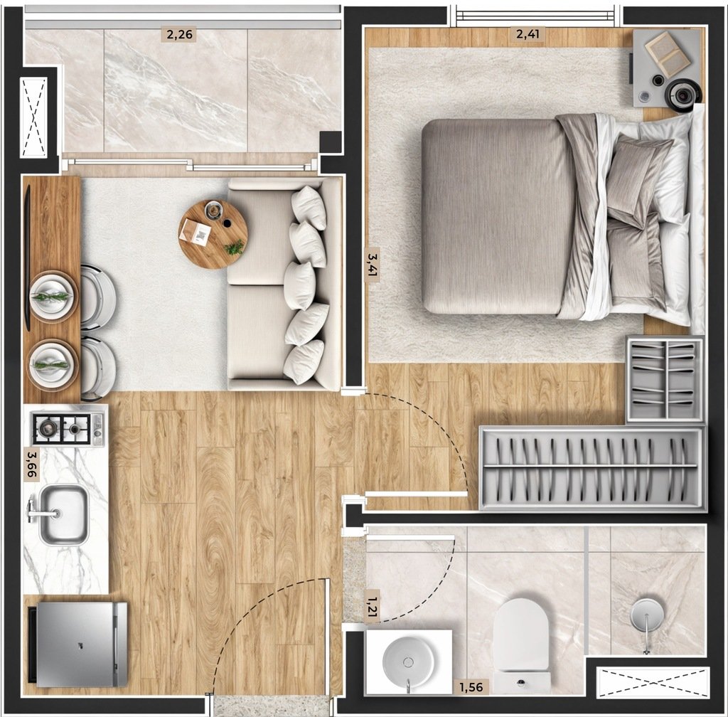 Planta 01 - 1 dorm 24,60m