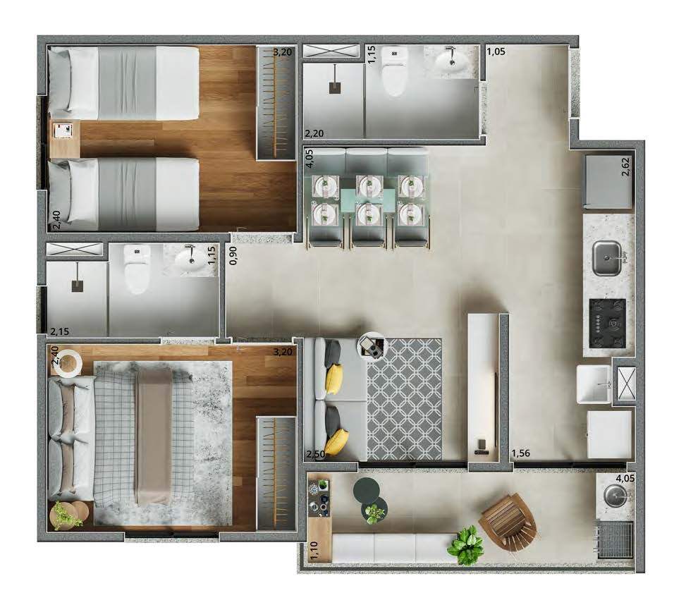 Planta 02 - 2 dorm 52,13m