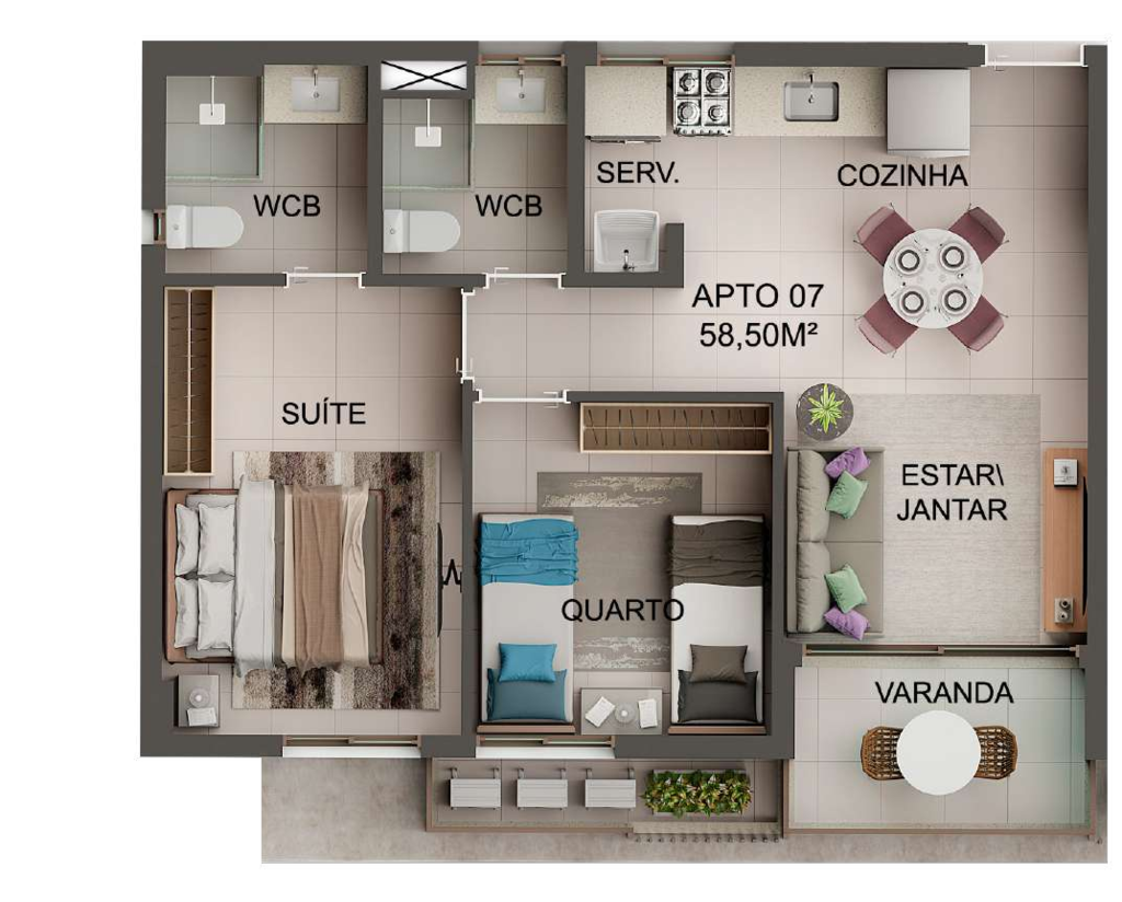 Planta 01 - 2 dorm 58,50m