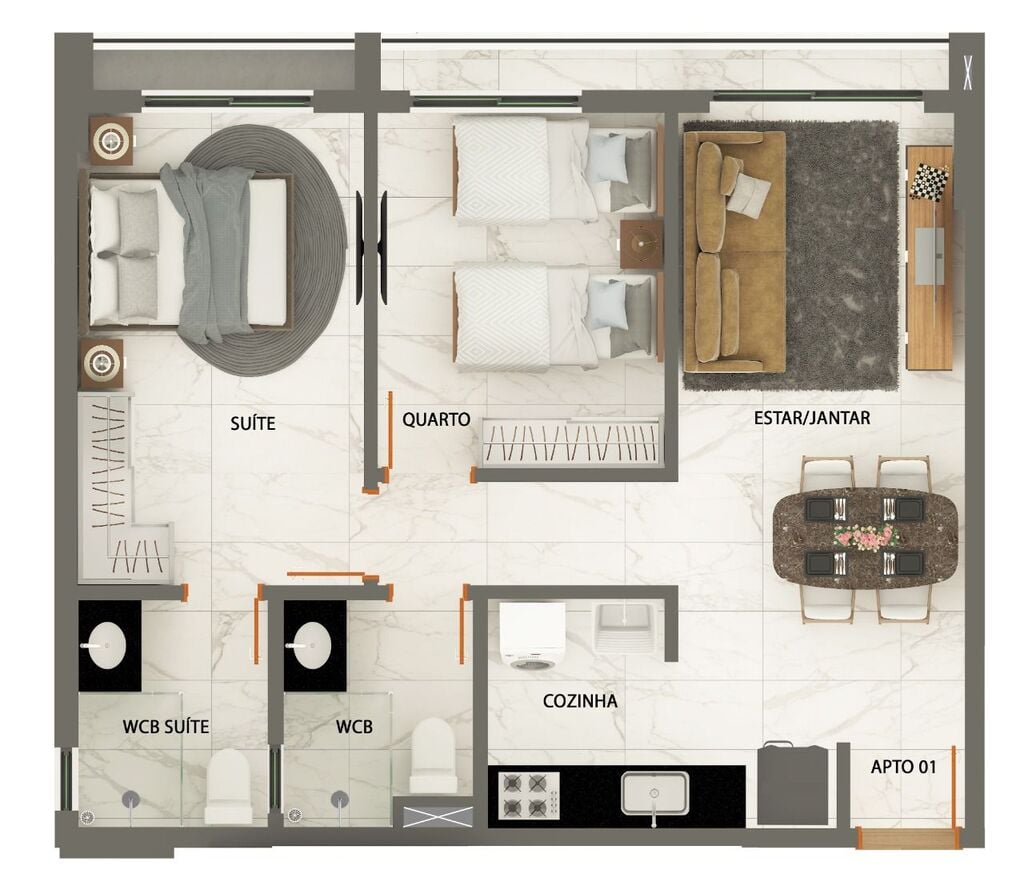 Planta 01 - 2 dorm 54,61m