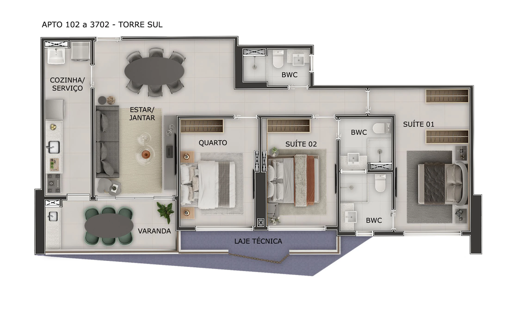 Planta 02 - 3 dorm 101m