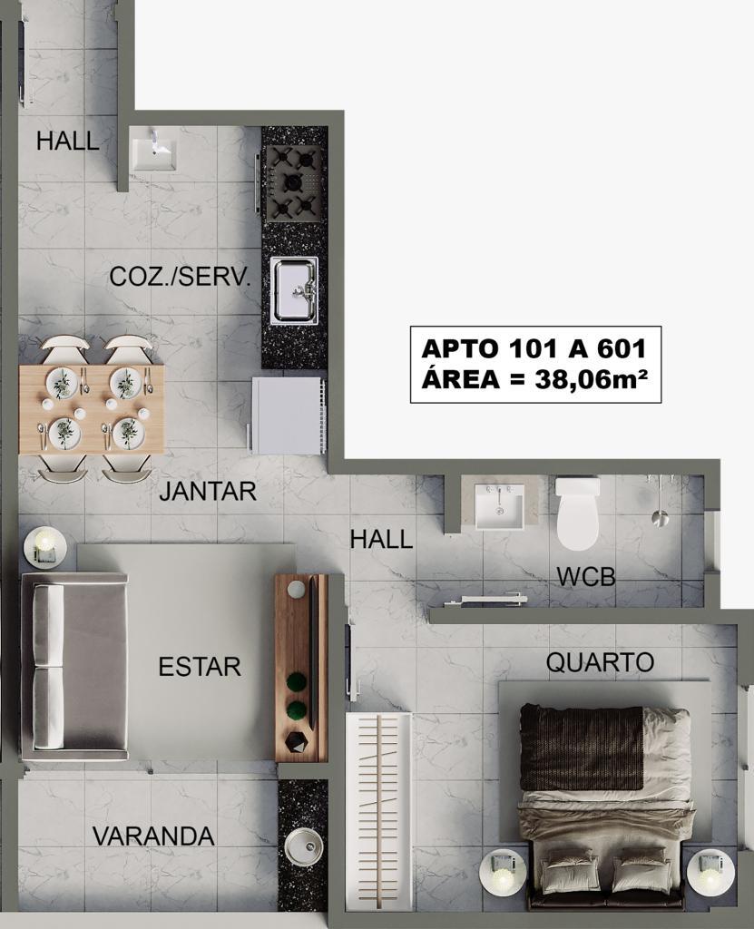 Planta 03 - 1 dorm 38,06m