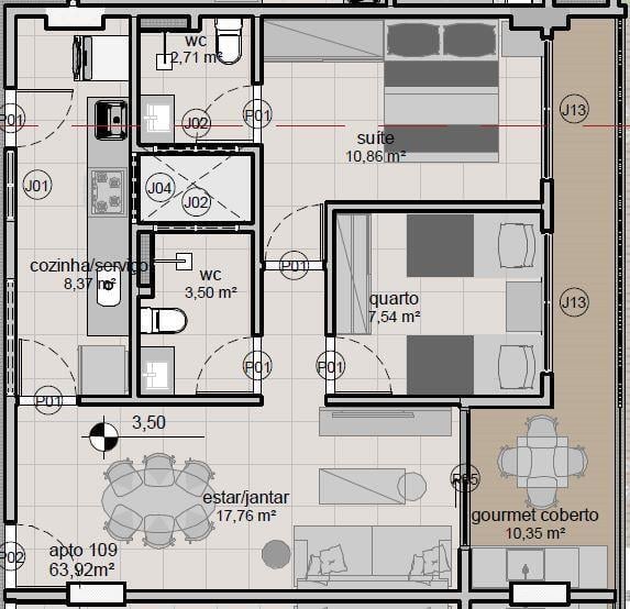 Planta 03 - 2 dorm 63m