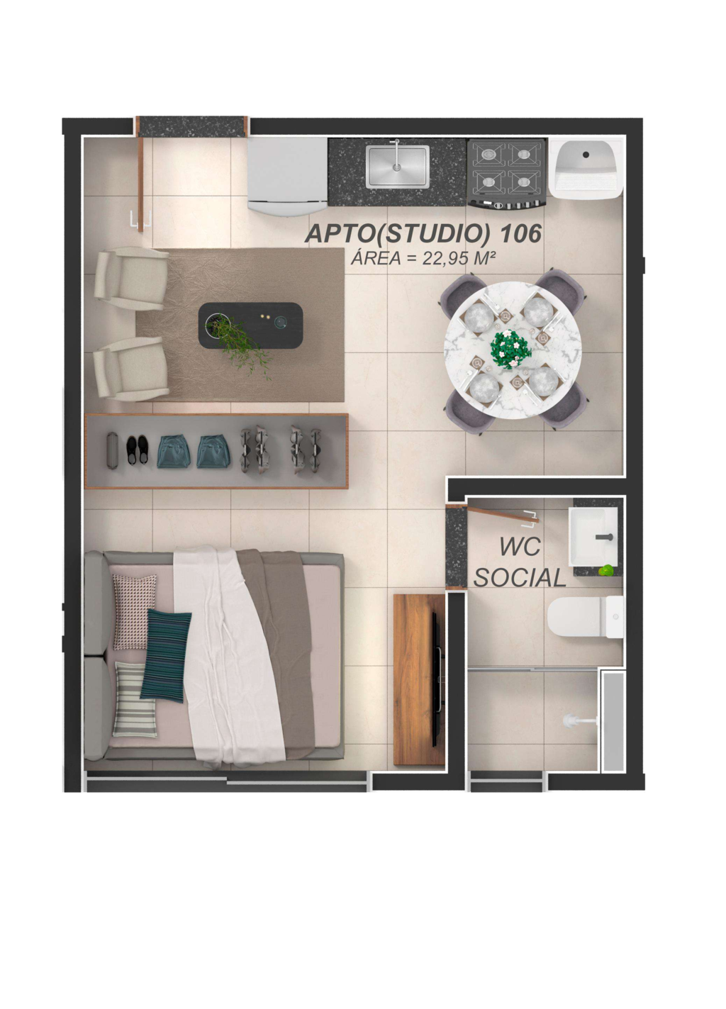 Planta 01 - 1 dorm 23m - studio