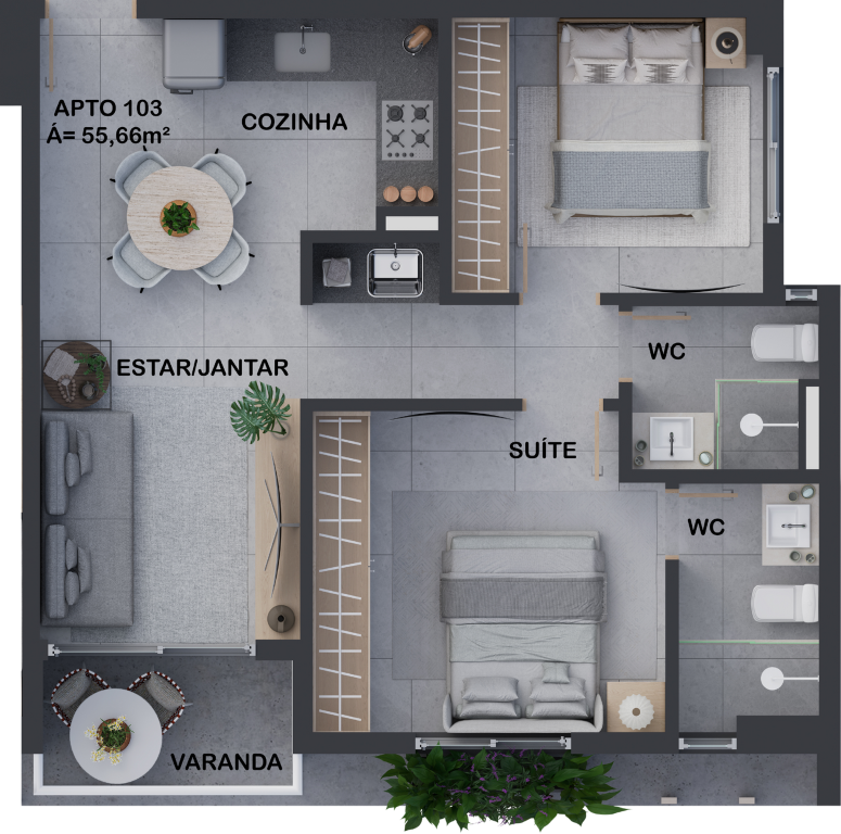 Planta 02 - 2 dorm 55,66m