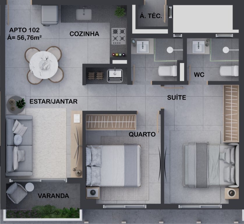 Planta 03 - 2 dorm 56,76m