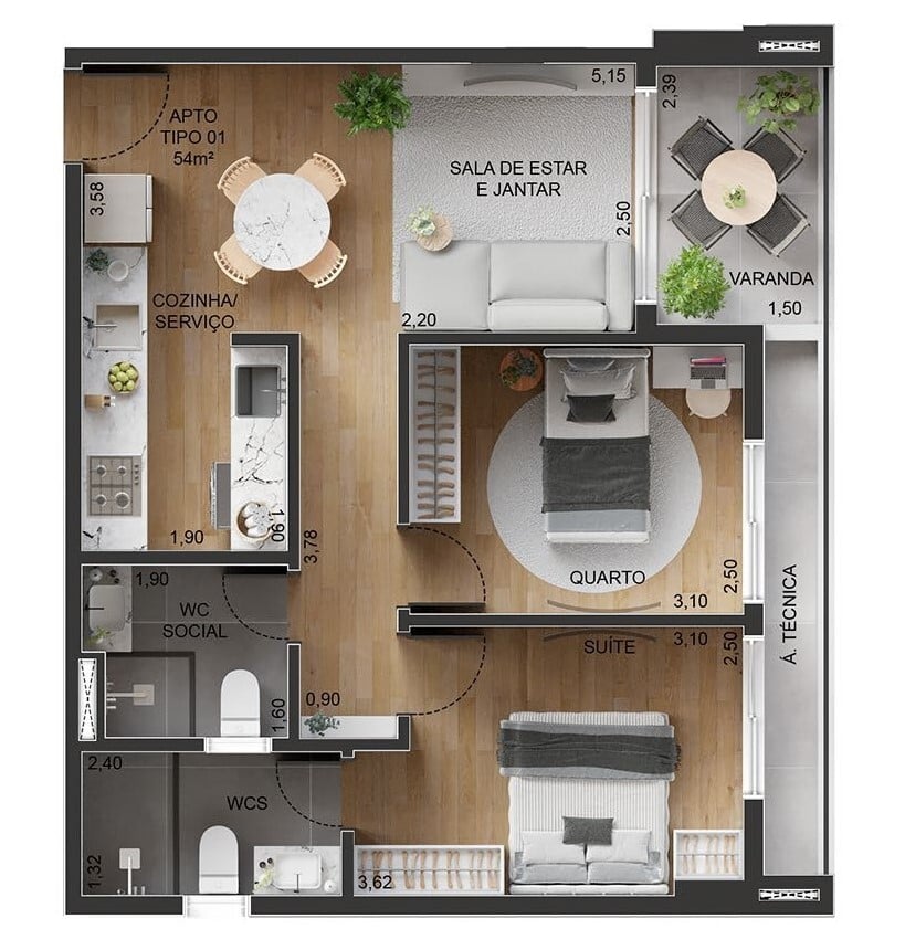 Planta 02 - 2 dorm 57,66m