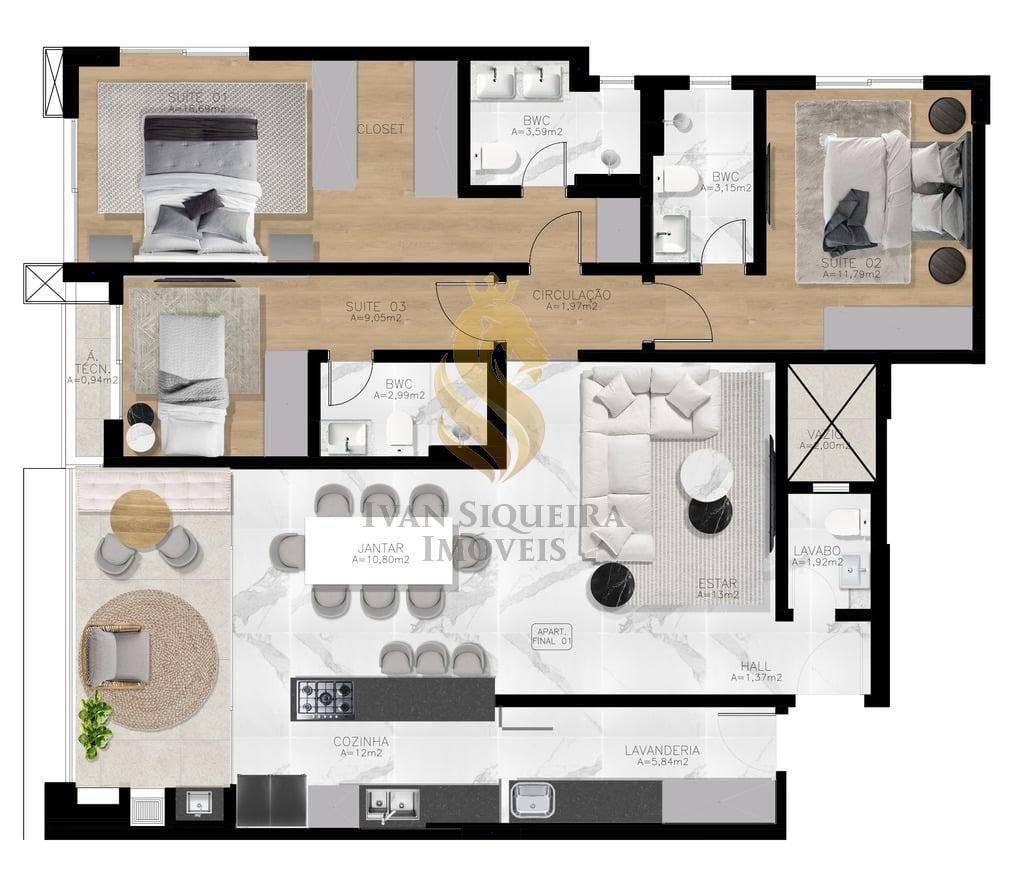 Planta 01 - 3 dorm 120 35m