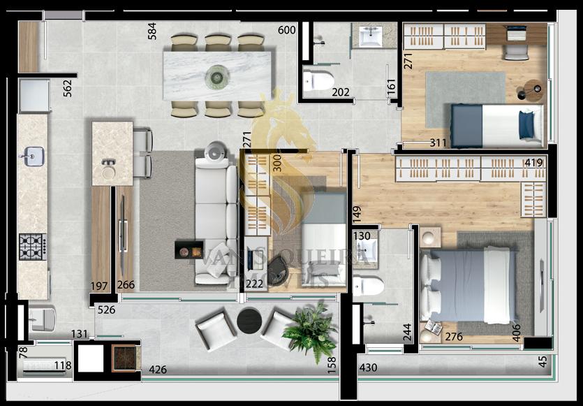 Planta 02 - 3 dorm 90,70m