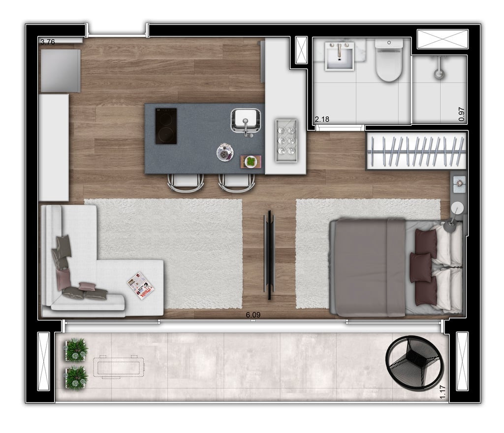 Planta 02 - 1 dorm 34m - studio opo