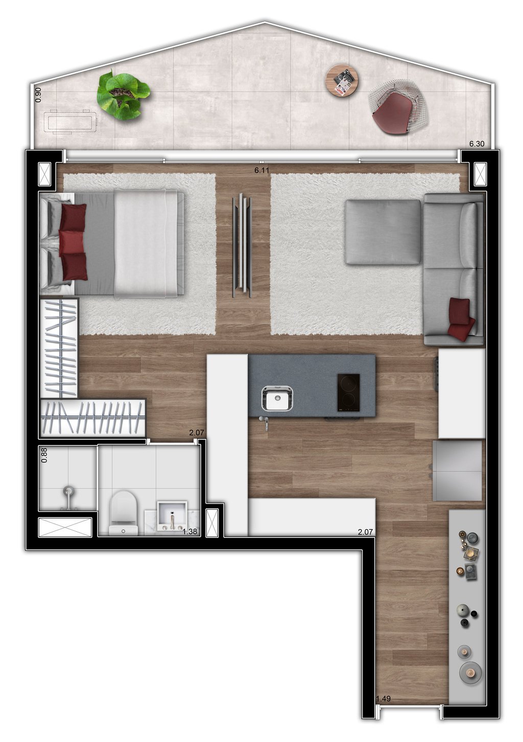 Planta 08 - 1 dorm 46m - studio opo