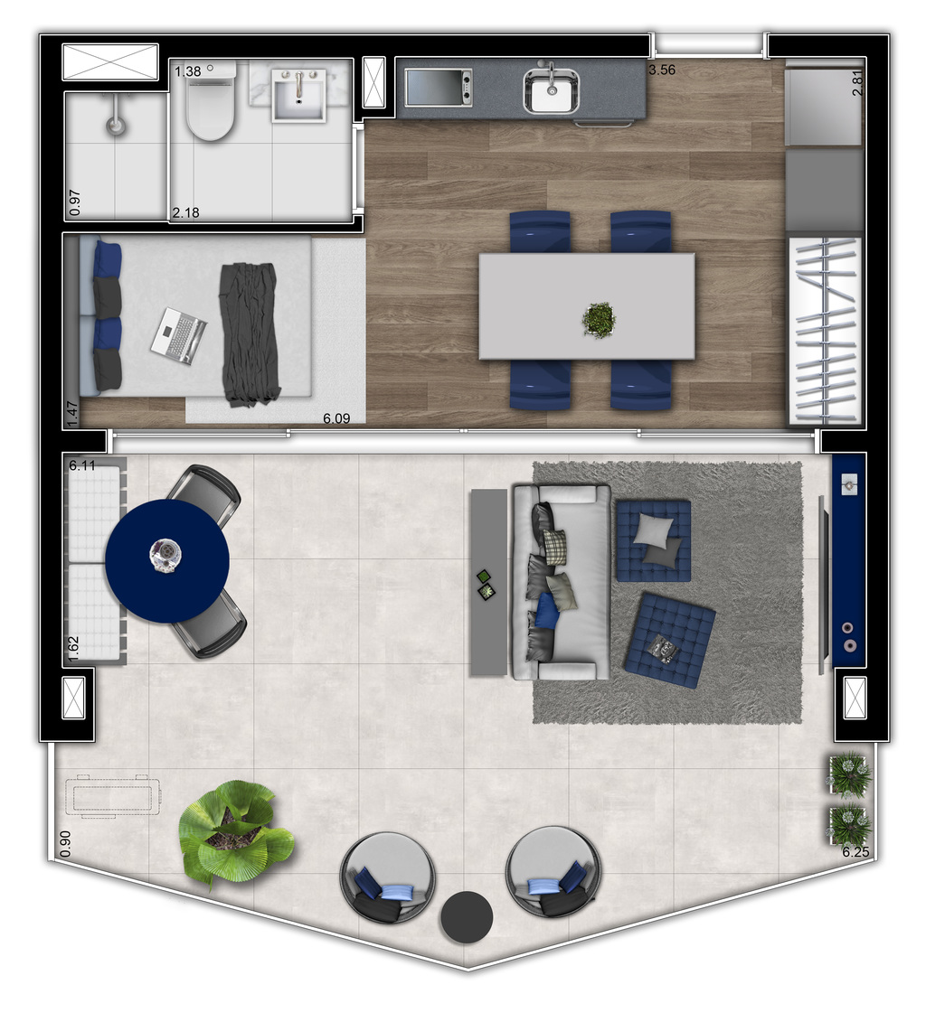 Planta 03 - 1 dorm 42m - studio