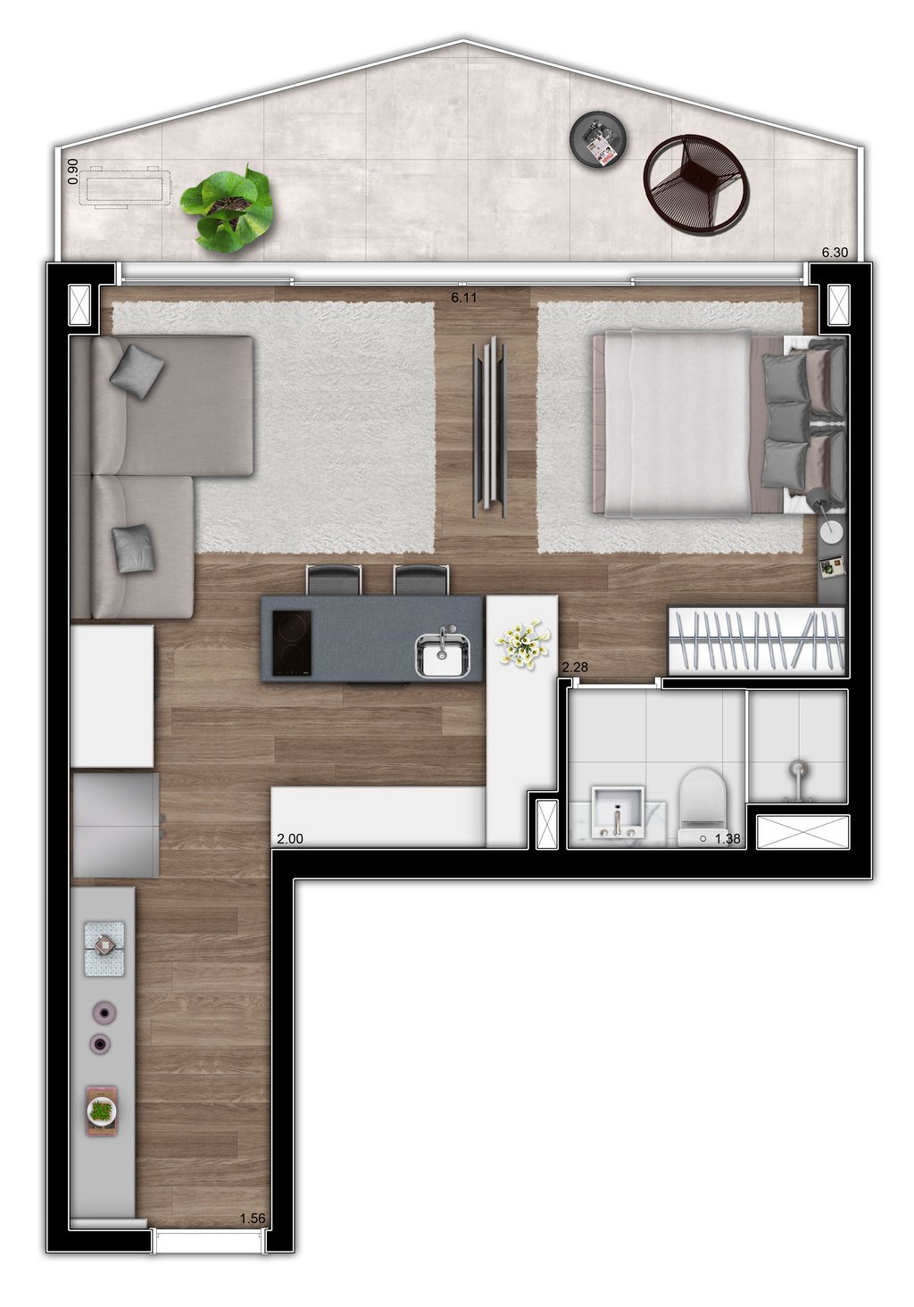 Planta 06 - 1 dorm 43m - studio opo