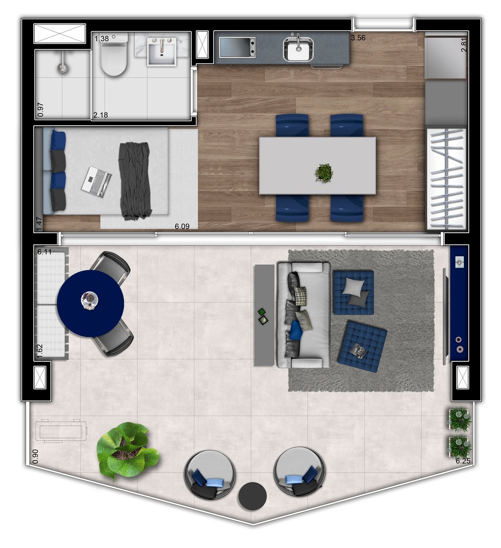 Planta 03 - 1 dorm 42m - studio