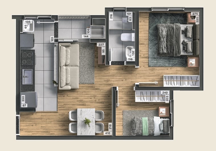 Planta 02 - 2 dorm 43,82m