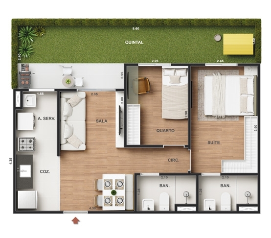 Planta 08 - 2 dorm 58,90m - garden